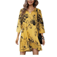 Casual Loose Floral print V neck Three quarter sleeve Shift Dresses