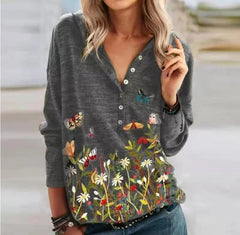 Women hoddied flower and butterfly printed long sleeve button T-shirts