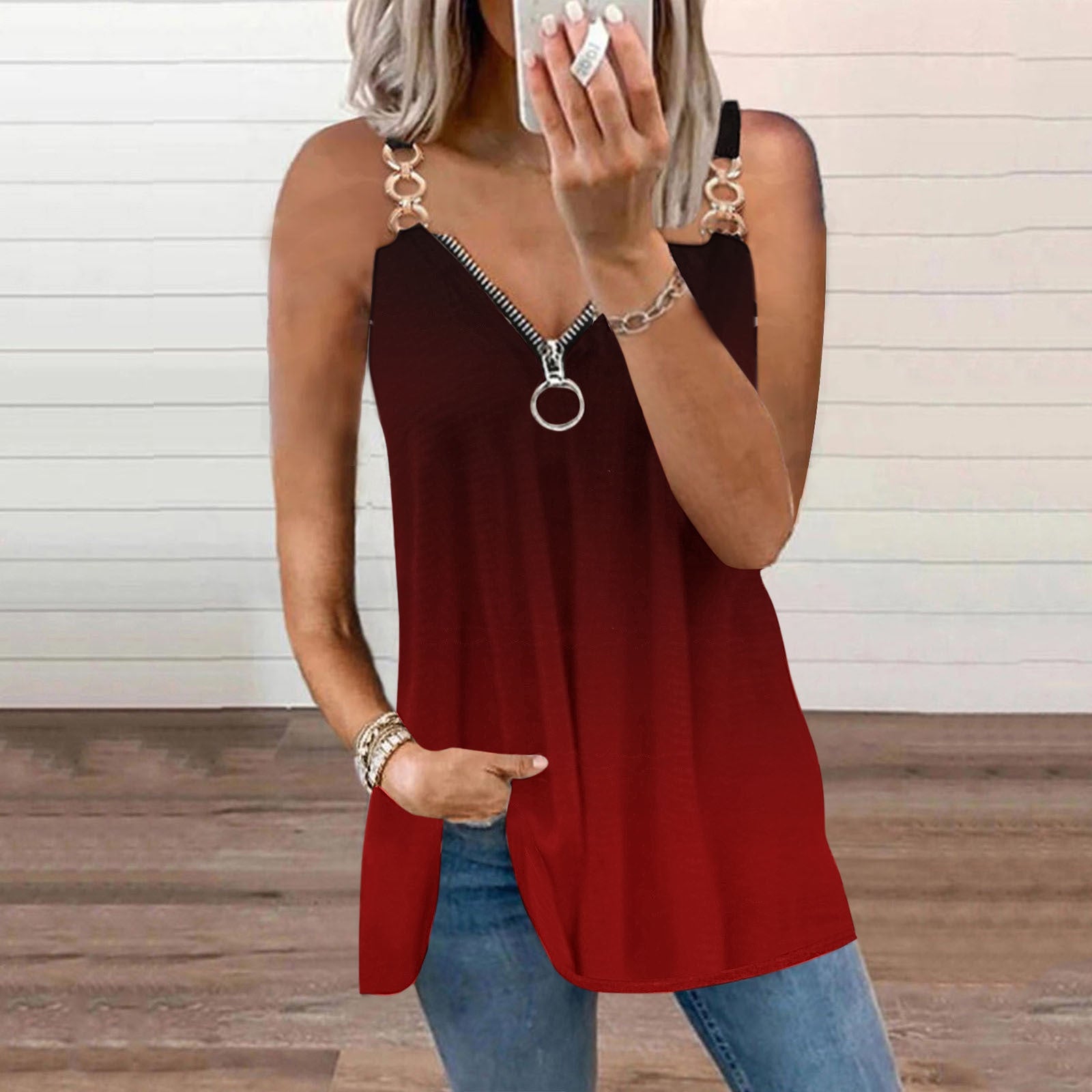 Casual Solid Split Joint V Neck T-Shirts