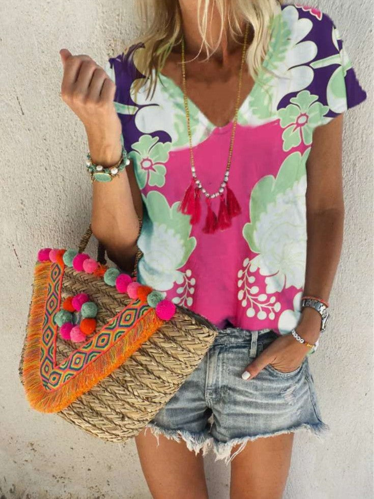 Casual Print V neck Short sleeve T-Shirts