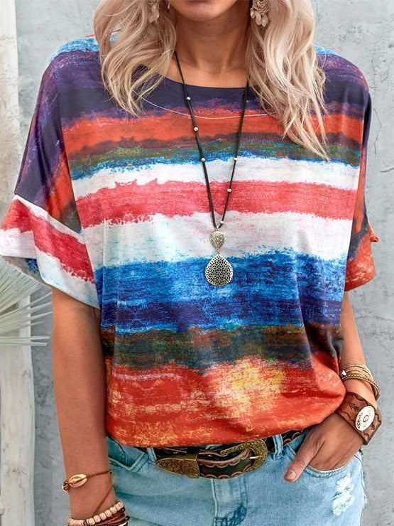 Casual Stripe Round neck Short sleeve T-Shirts