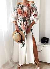 Casual Floral print One shoulder Long sleeve Vent Skater Dresses