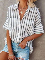 Casual turn down neck short sleeve stripe blouses