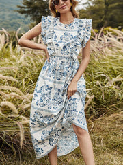 Fashion Casual Floral print Round neck Sleeveless Falbala Maxi Dresses