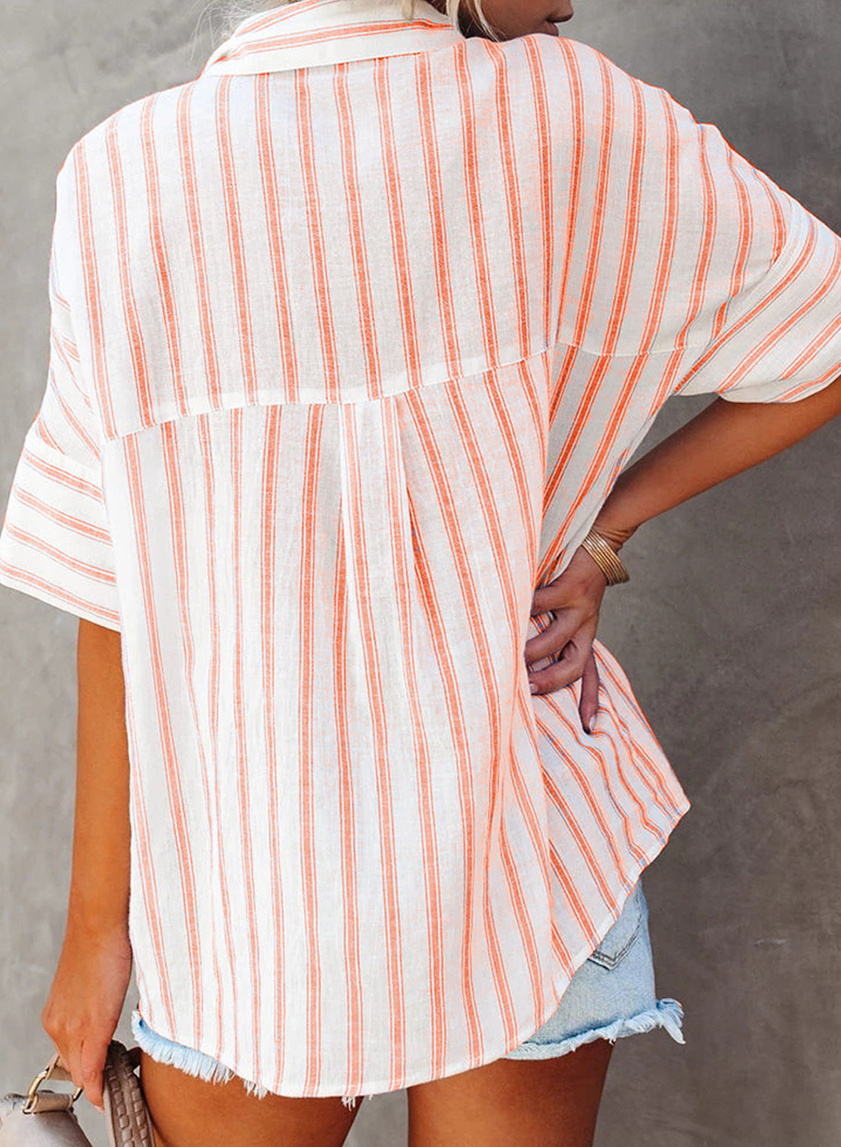 Casual turn down neck short sleeve stripe blouses