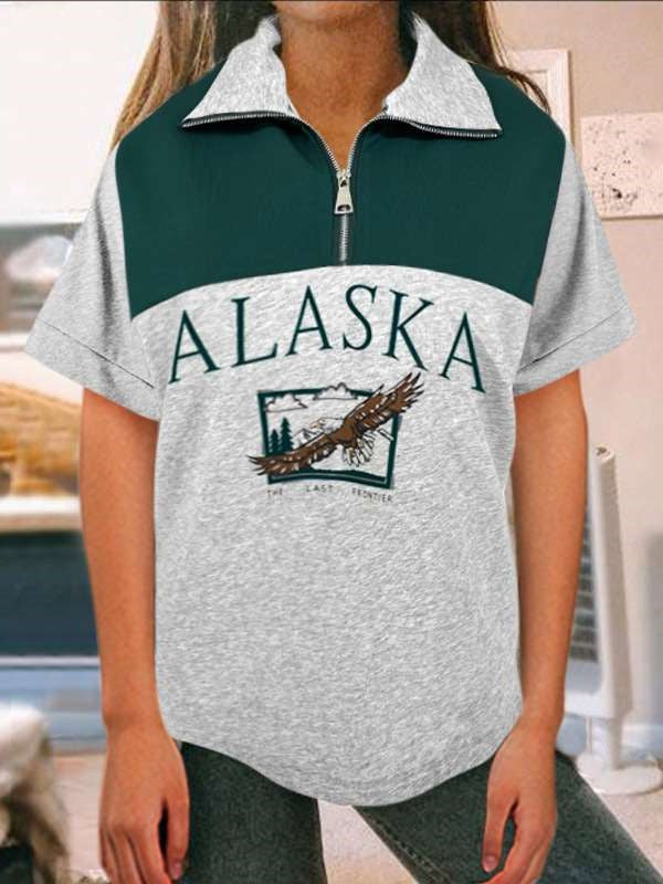 Casual Gored Word print Zipper Lapel Short sleeve T-Shirts