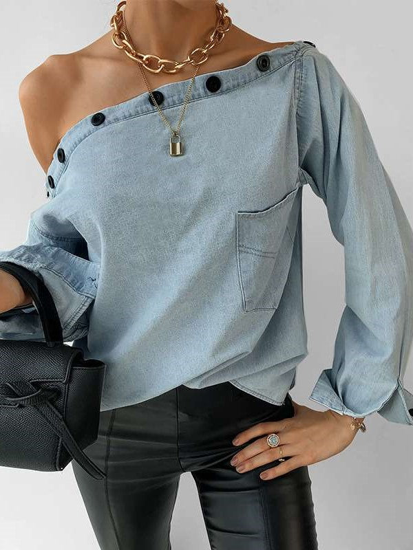 Casual Pure Fastener One shoulder Long sleeve Jean Blouses