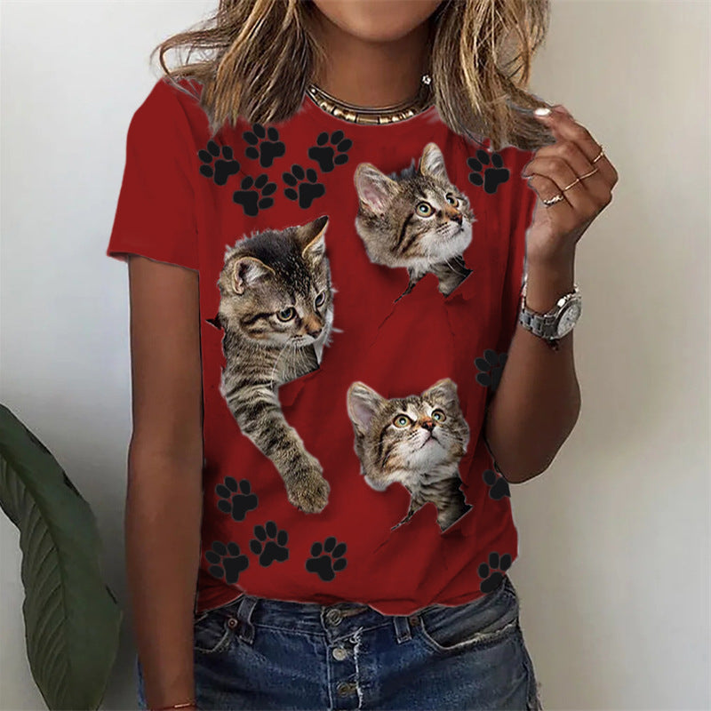 Cat Printed Round Neck Short Sleeve Daily T-shirts