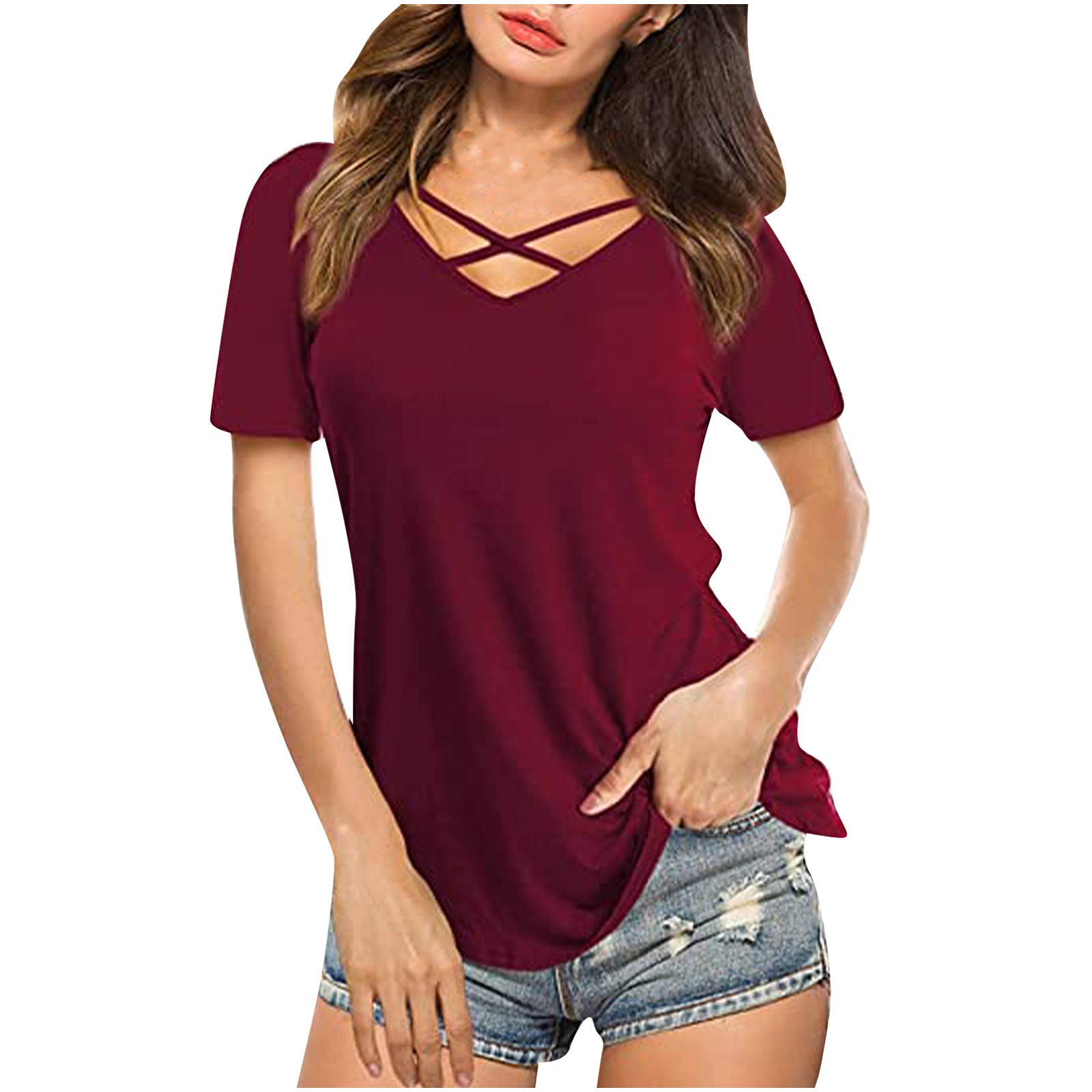 V neck tie neck plain daily T-shirts