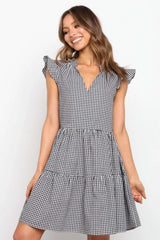 Casual Plaid V neck Falbala Shift Dresses