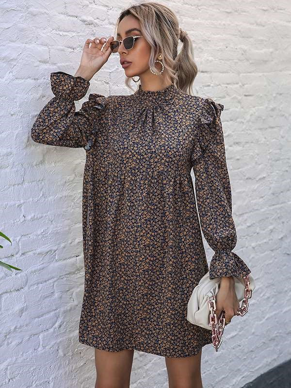 Casual Print Half high collar Long sleeve Falbala Shift Dresses