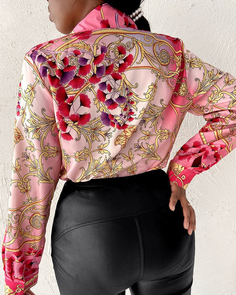 Fashion new printed Turn down neck long sleeve button blouses