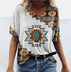 Vintage Print  Geometric V-Neck Short Sleeve T-Shirts