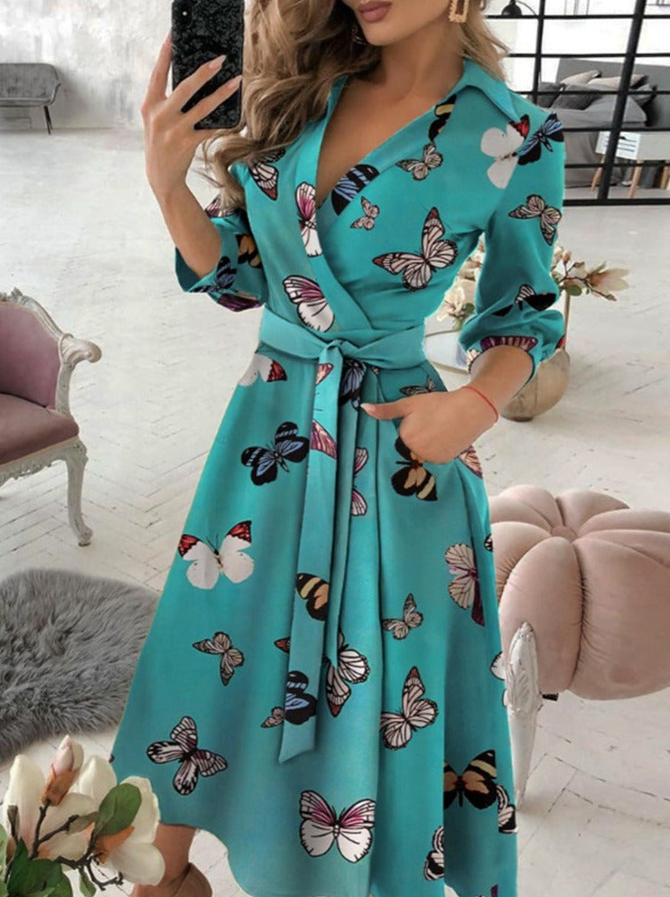 Fashion Long sleeve V-neck printed women's maxi dresses