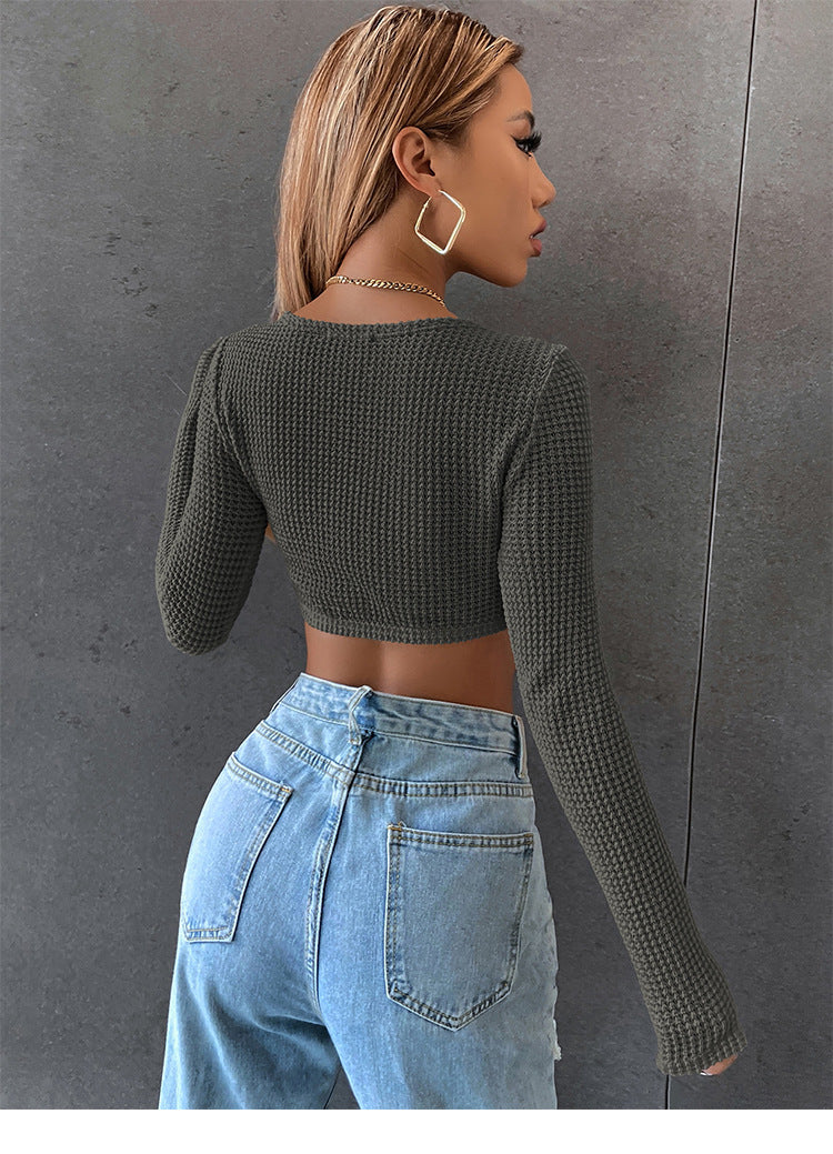 Sexy Zip Knit Cropped Round Collar Long Sleeve T-Shirts