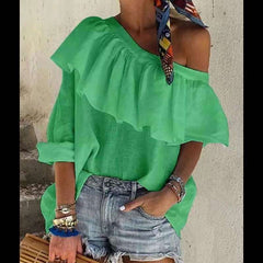 Casual Pure Falbala One shoulder Single sleeve T-Shirts