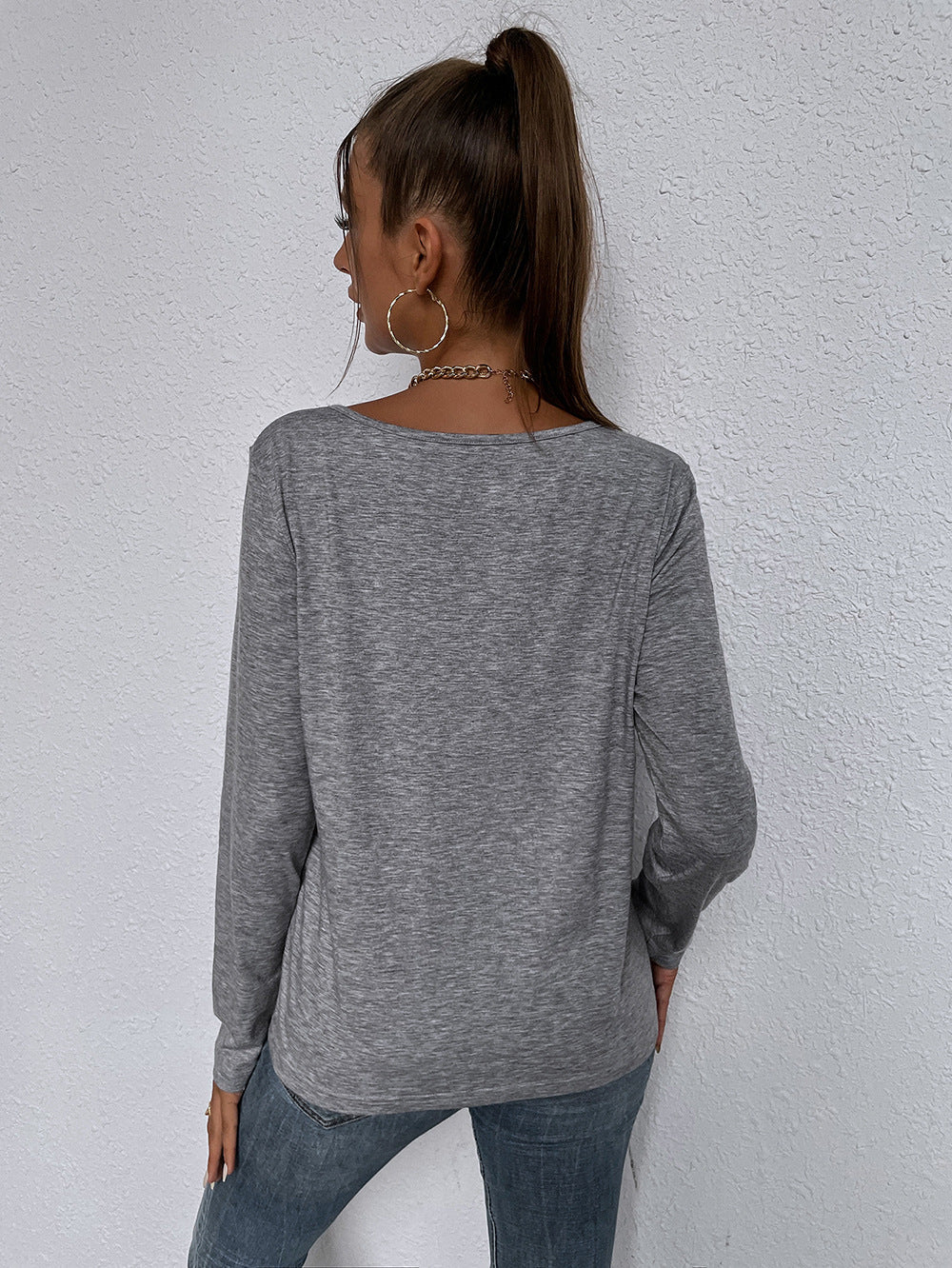 Loose long-sleeved top v-neck pullover solid color casual t-shirts