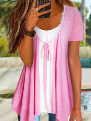 Casual Patchwork T-Shirt Lace Cardigan Fake Two-Piece Tops T-shirts