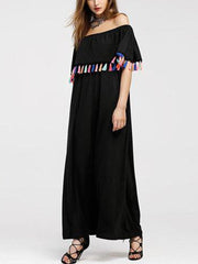 Off Shoulder Tassel Plain Casual Dress