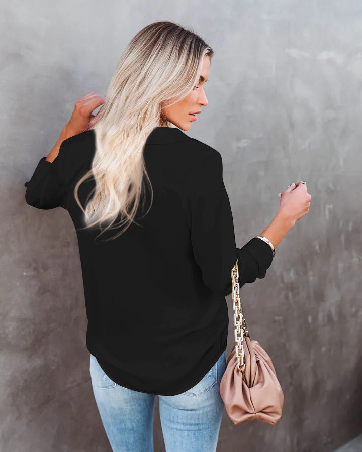 Official women turn down neck casual plain long sleeve blouses