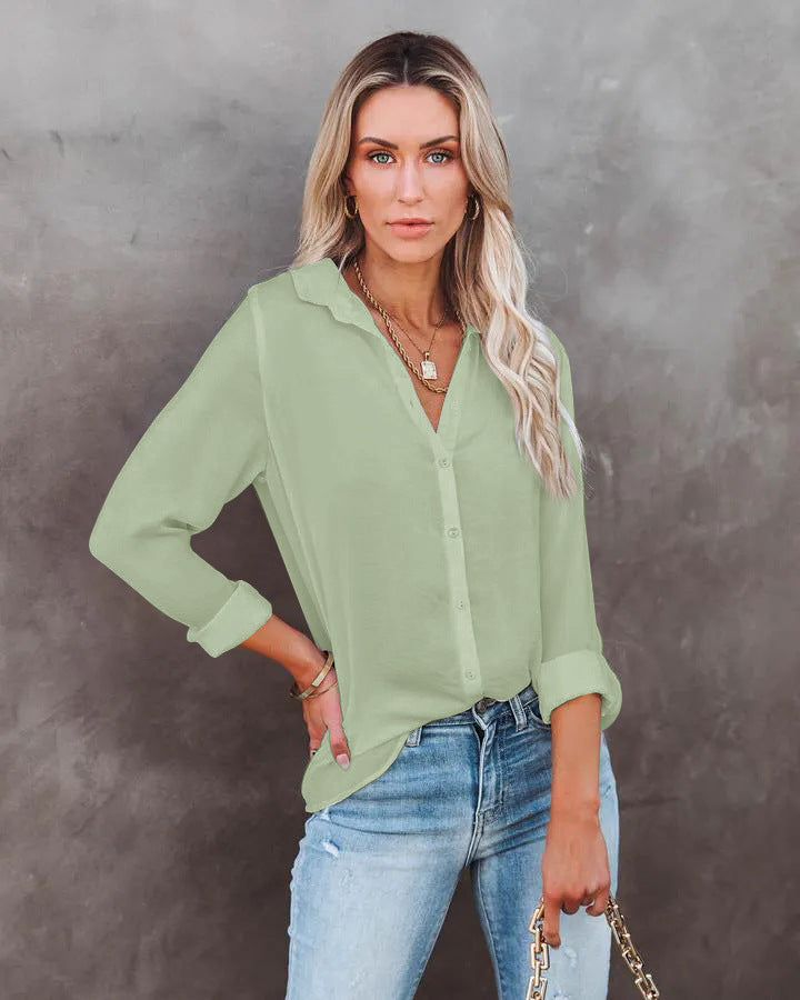 Official women turn down neck casual plain long sleeve blouses