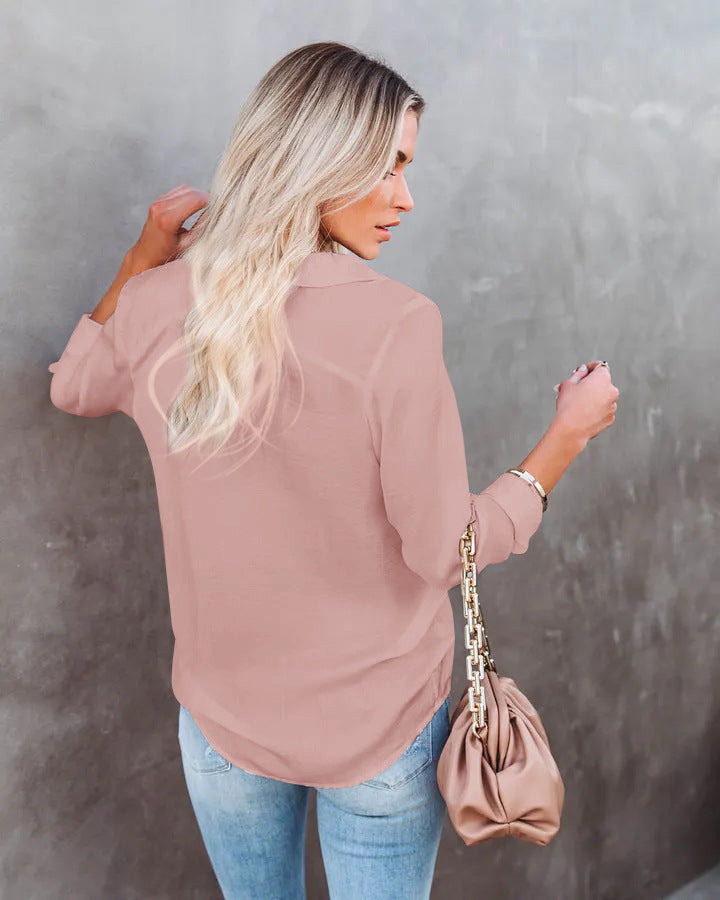 Official women turn down neck casual plain long sleeve blouses