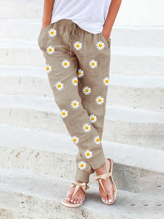 Beige Shift Floral Casual Linen Pants