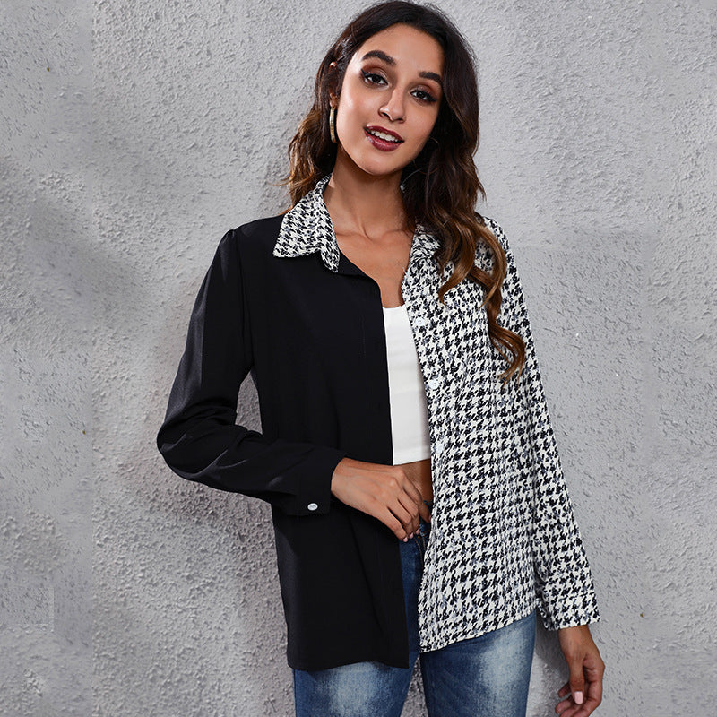 Plaid stitching puff sleeve long sleeve blouses tops