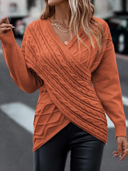 Plain Loose Casual V Neck Cros Twist Sweaters