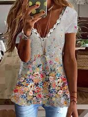 Printed V-Neck Bright Color Short Sleeve T-Shirt Women Tops