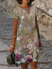 Printed v neck women short sleeve fashion shift dresses