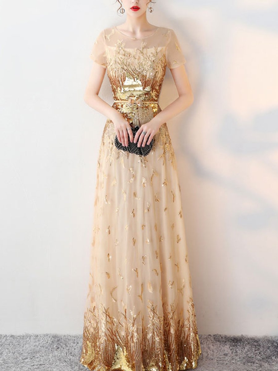 Printing Sequined Contrast O-Neck Short Sleeves Sheath Dresses
