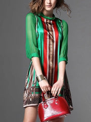 Printing Stand Collar Seven-Tenths Sleeves Midi A-Line Dresses
