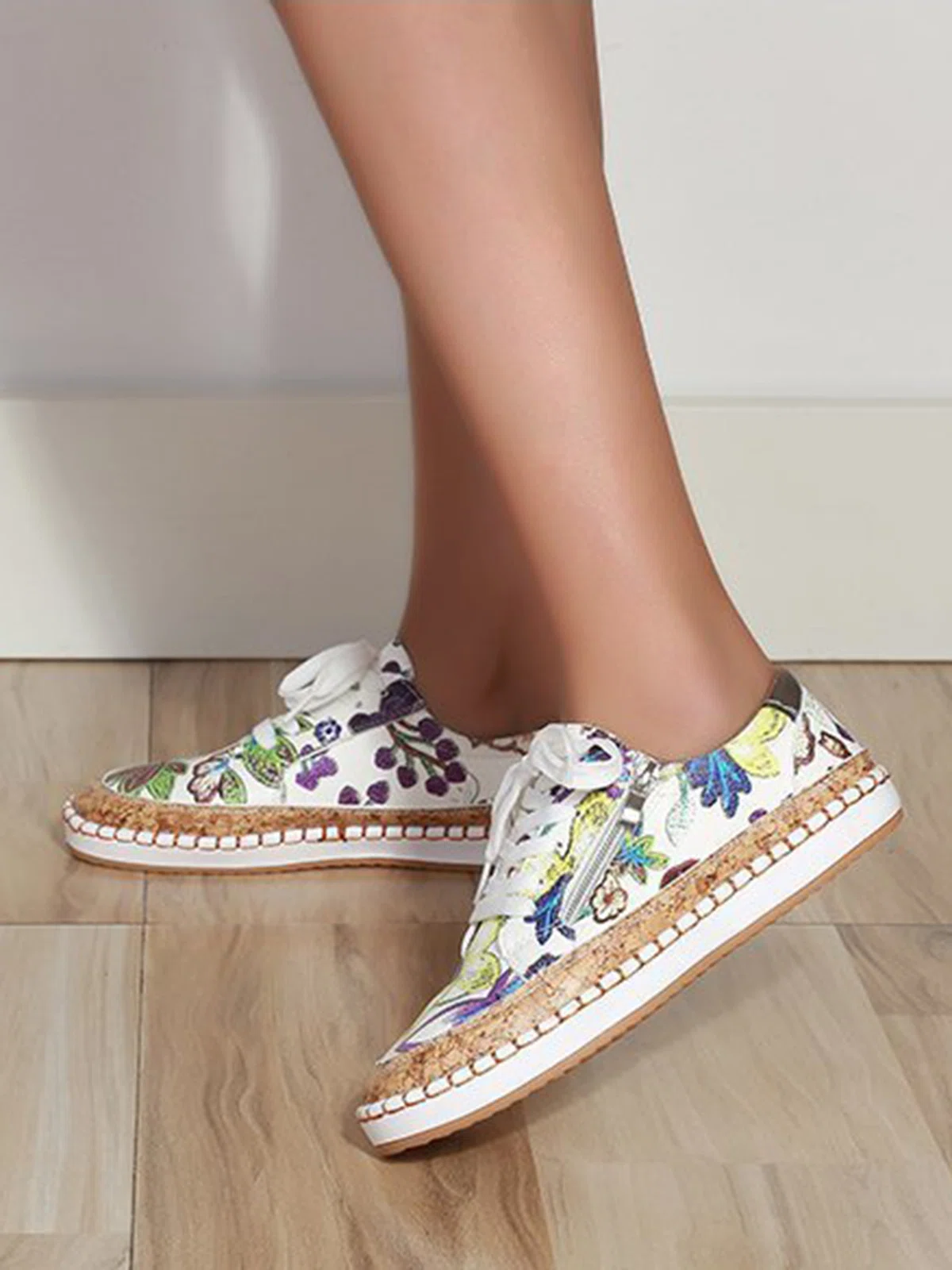 Purple Flower Plants White PU Leather Stitching Zipper Lace Flat Shoes