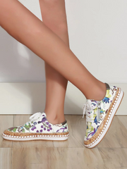 Purple Flower Plants White PU Leather Stitching Zipper Lace Flat Shoes