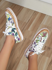 Purple Flower Plants White PU Leather Stitching Zipper Lace Flat Shoes