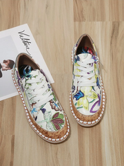 Purple Flower Plants White PU Leather Stitching Zipper Lace Flat Shoes