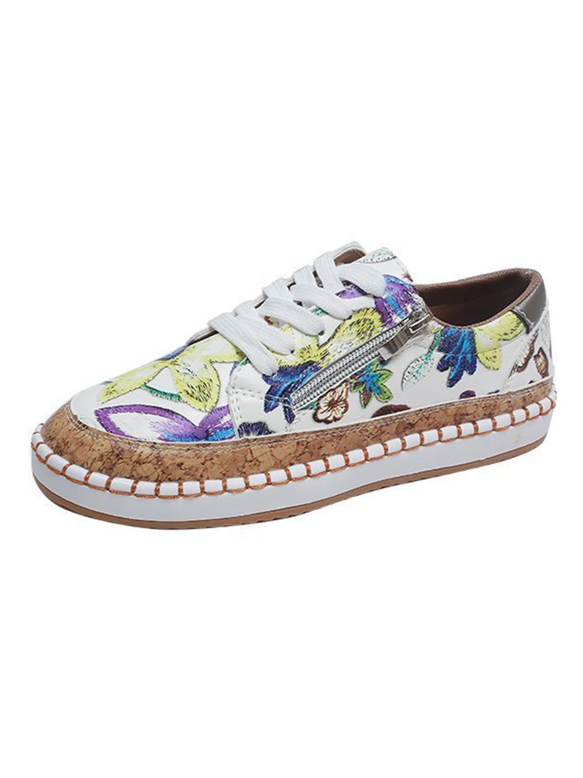 Purple Flower Plants White PU Leather Stitching Zipper Lace Flat Shoes