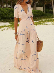 Vacation Print Hollowed Out V Neck A Line Maxi Dresses