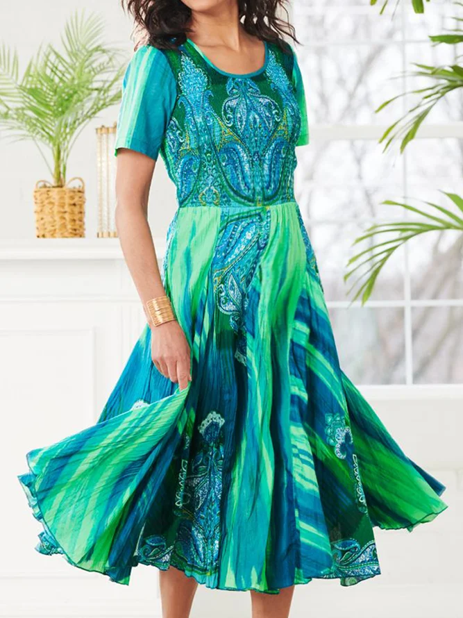 Regular Fit Vacation Ethnic Crew Neck Maxi Dresses