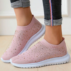 Rhinestone Design Portable Overfoot Lightweight Flyknit Woman Sneakers