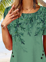 Round Neck Floral Tulip Hem Vacation Tunic Tops T-shirts