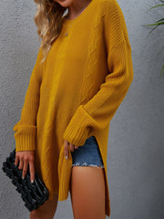 Round Neck Mid Length Loose Slit Pullover Long Sweaters