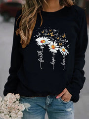 Round Neck Sunflower Print Long Sleeve Sweatshirts