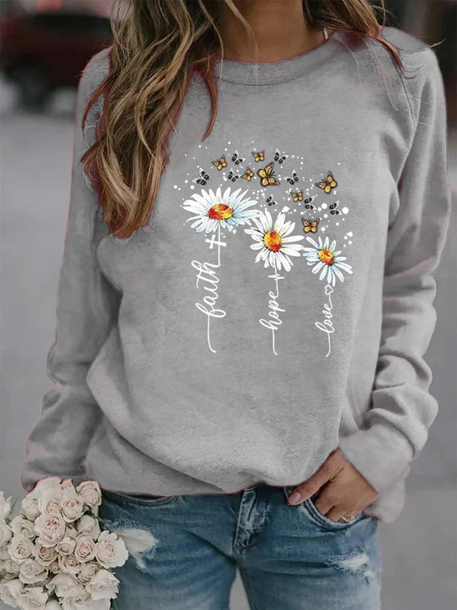 Round Neck Sunflower Print Long Sleeve Sweatshirts