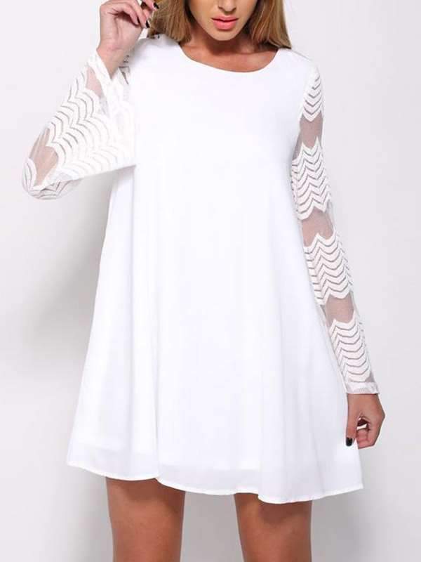 Round Neck Lace Patchwork Flare Sleeve Mini Dress