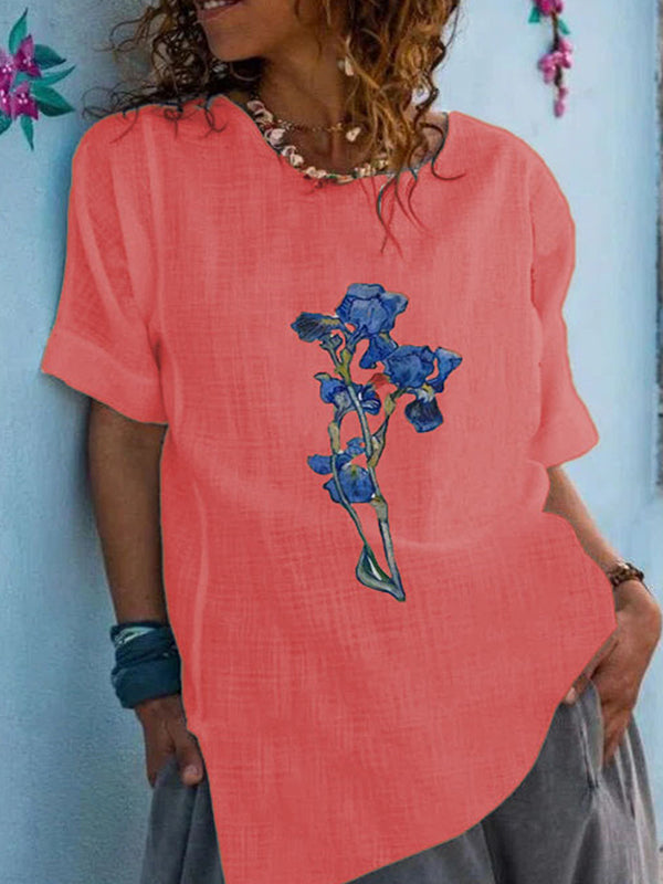 Round neck cotton blend long floral top T-shirts