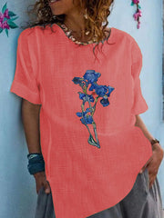 Round neck cotton blend long floral top T-shirts