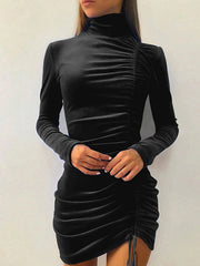 Sexy Elegant Solid Draw String Half A Turtleneck Wrapped Skirt Dresses