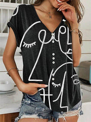 Casual Short Sleeve V Neck Abstract Shirts & Tops